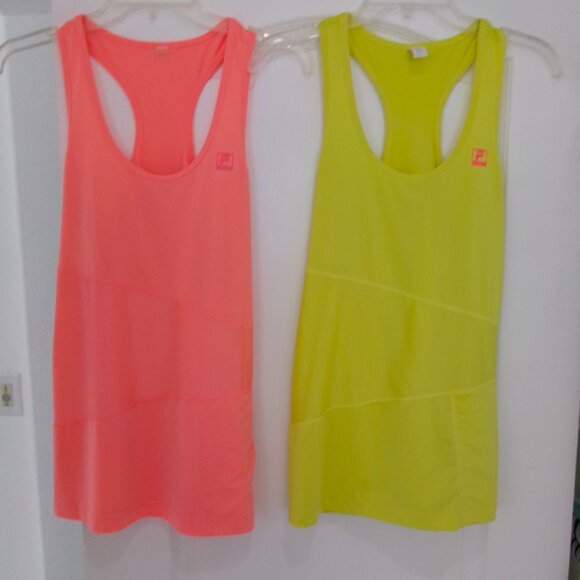 Lot 2 Fila Sport Racerback Tops M Bright Coral Orange Yellow Zipper Pockets - Picture 1 of 9